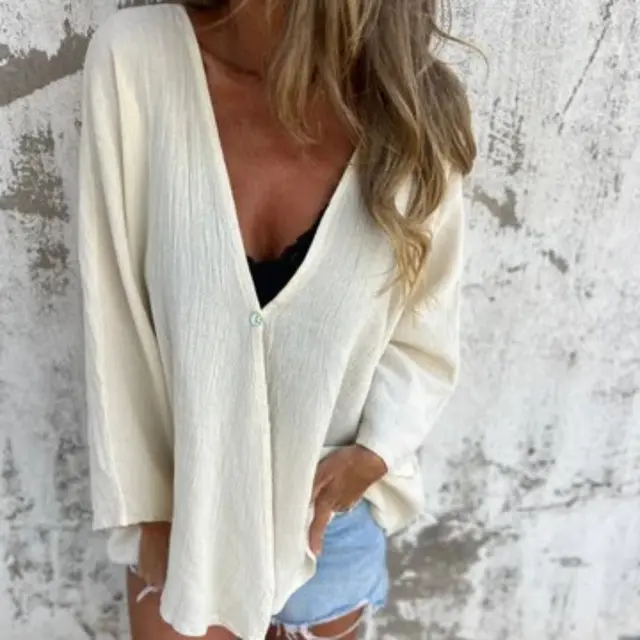 Cardigan V neck Fashionable Loose Top For Women Off White - Shop at LoveMi