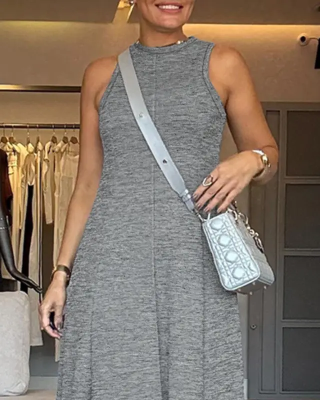 Commuter Gray Colored Cotton Sleeveless Waist A Line Speaker Dress Gray Grey - Shop at LoveMi