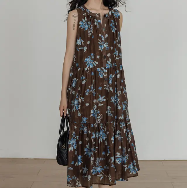 Sleeveless Floral Print Round Neck Dress Brown Blue Flower - Shop at LoveMi