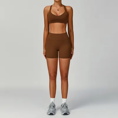 Women's Pure Color Tight Hollow out Beauty Back Sports Outdoor Running Outfit Brown - Shop at LoveMi