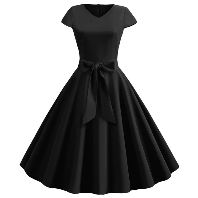 Retro V neck Short Sleeve Solid Color Casual Swing Dress Black - Shop at LoveMi