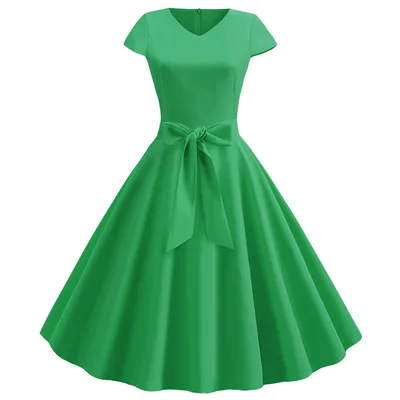 Retro V neck Short Sleeve Solid Color Casual Swing Dress Green - Shop at LoveMi