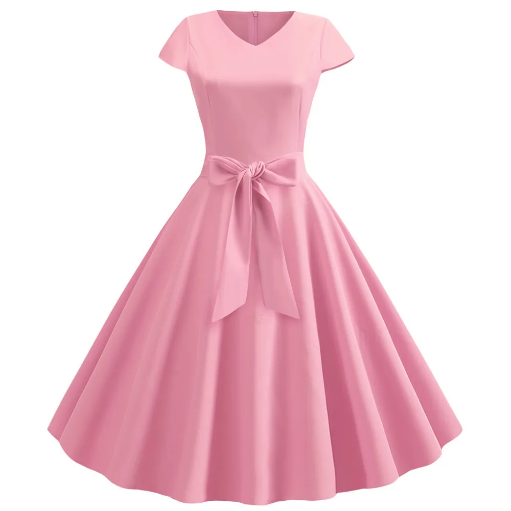Retro V-neck Short Sleeve Solid Color Casual Swing Dress - Pink