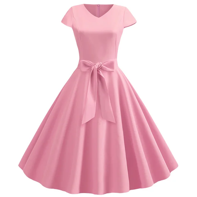 Retro V neck Short Sleeve Solid Color Casual Swing Dress Pink - Shop at LoveMi