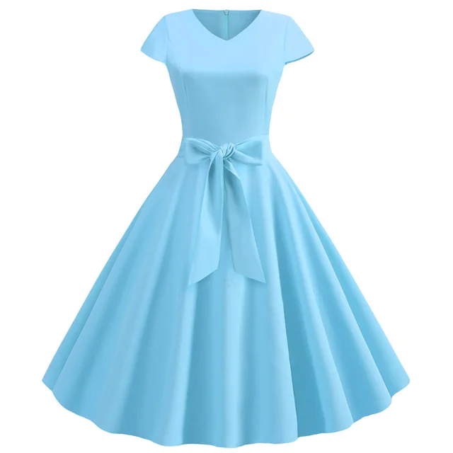 Retro V neck Short Sleeve Solid Color Casual Swing Dress Sky Blue - Shop at LoveMi