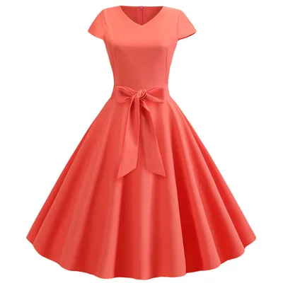 Retro V neck Short Sleeve Solid Color Casual Swing Dress Watermelon Red - Shop at LoveMi