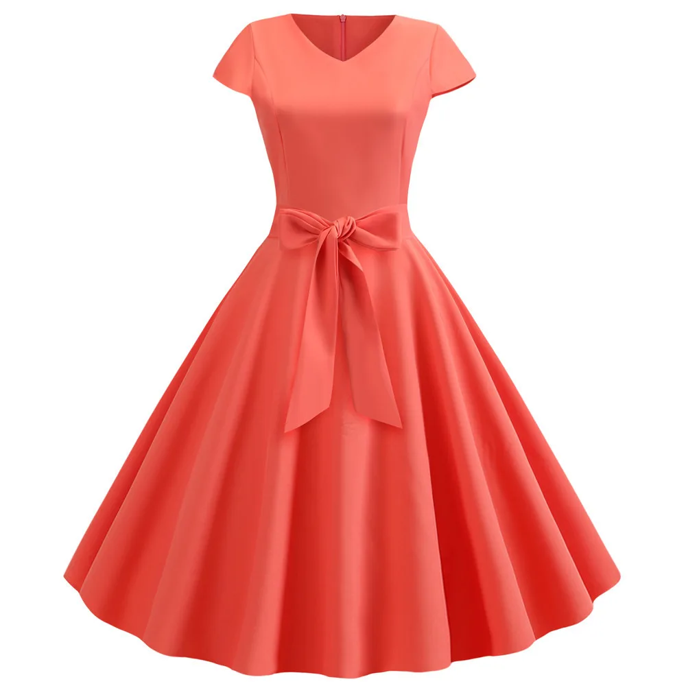 Retro V-neck Short Sleeve Solid Colour Casual Swing Dress - Watermelon Red - View 1