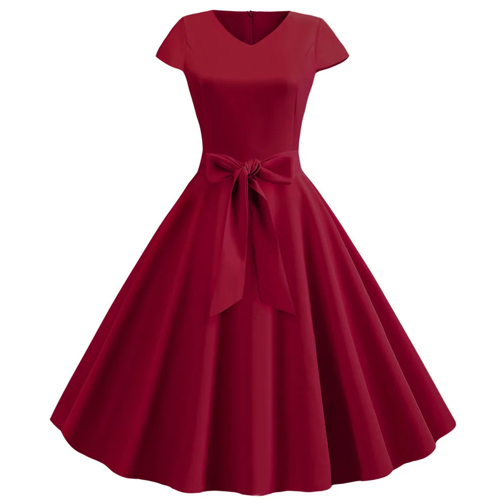 Retro V neck Short Sleeve Solid Color Casual Swing Dress Wine Red - Shop at LoveMi
