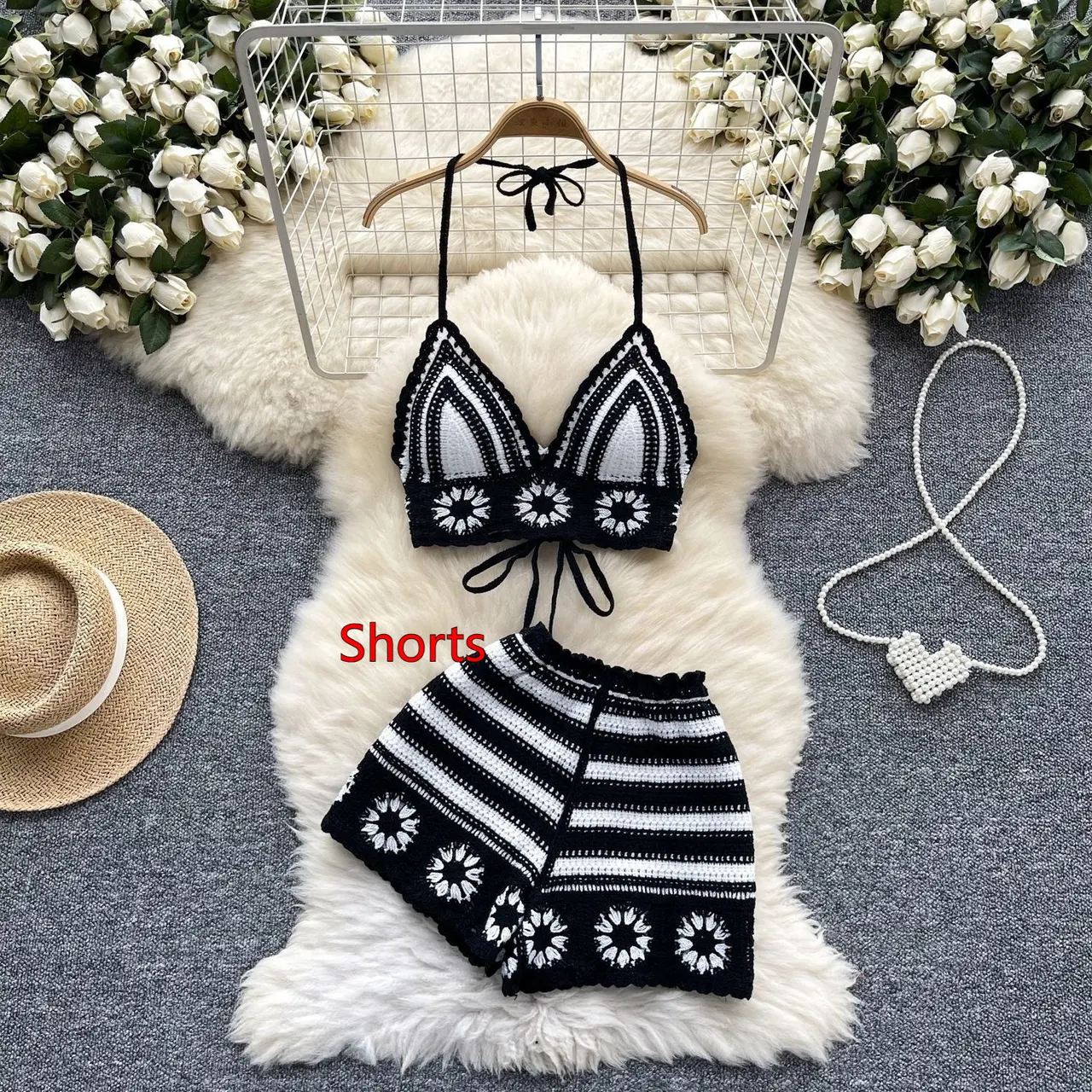 Sexy Cutout Crocheted Halter Strap Vest High Waist Knit Shorts - Black Shorts - View 1