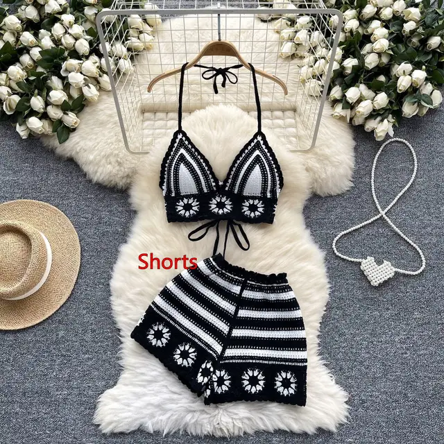 Sexy Cutout Crocheted Halter Strap Vest High Waist Knit Shorts Black Shorts - Shop at LoveMi