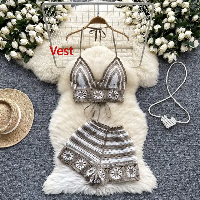 Sexy Cutout Crocheted Halter Strap Vest High Waist Knit Shorts Khaki Sling - Shop at LoveMi