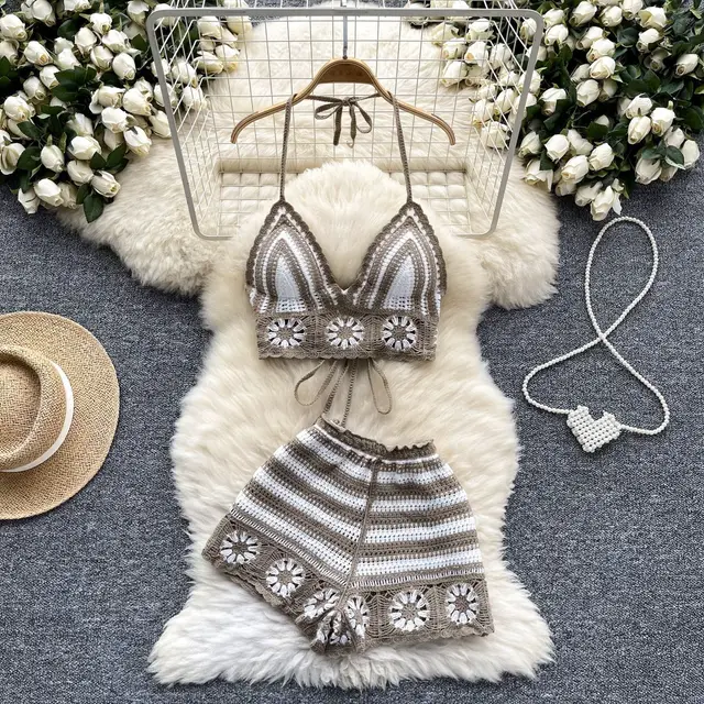 Sexy Cutout Crocheted Halter Strap Vest High Waist Knit Shorts Khaki Suit - Shop at LoveMi
