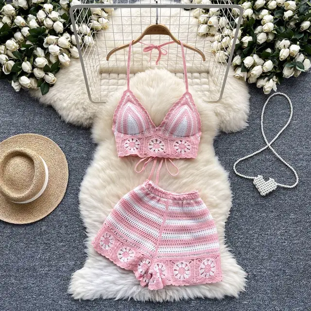 Sexy Cutout Crocheted Halter Strap Vest High Waist Knit Shorts Pink Suit - Shop at LoveMi