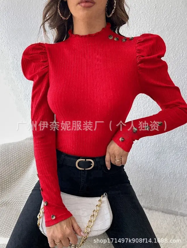 Bubble Sleeve Slim Leopard Buckle Personality Ruffled Top Red - Shop at LoveMi