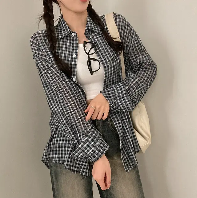 Women's Casual Loose Classic Plaid Fashion Shirt Navy Blue - Shop at LoveMi