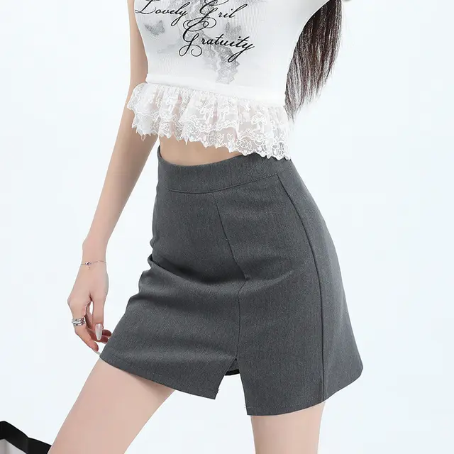 High Waist Anti exposure word Slit Sheath Skirt Gray Skirt Gray - Shop at LoveMi