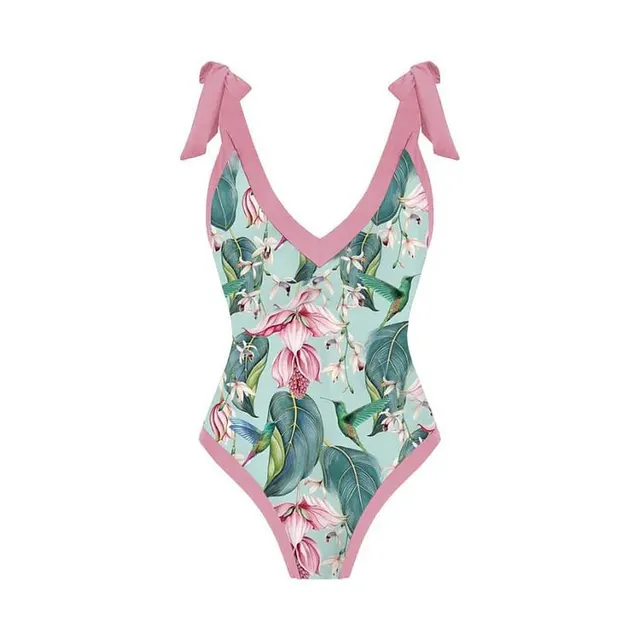 One shoulder Ruffled Printed One piece Swimsuit Suit Bow Swimsuit - Shop at LoveMi