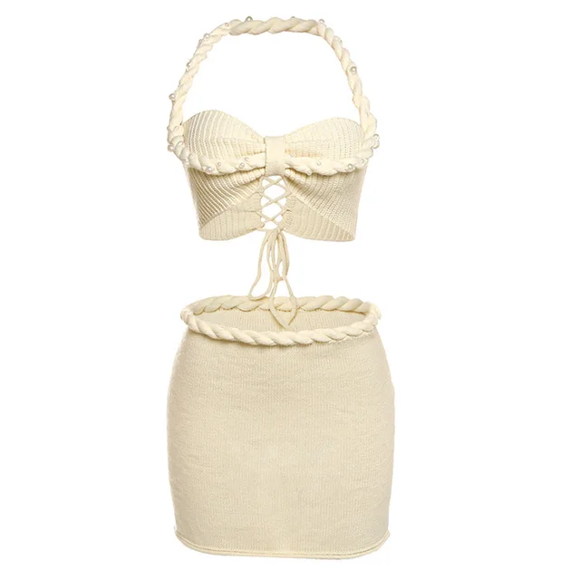 Sexy Halter Lace up Beaded Camisole Knitted Slim Fit Skirt Suit Apricot - Shop at LoveMi