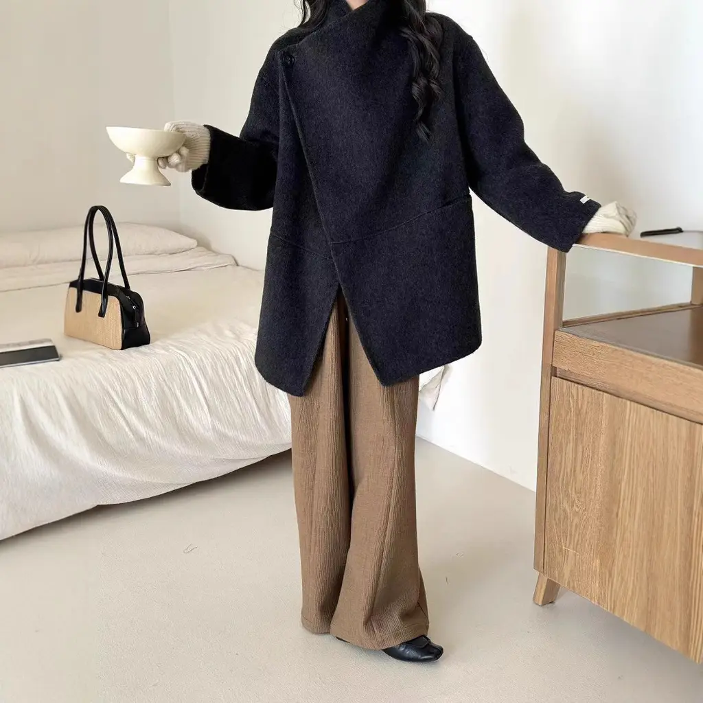 Large Lapel Solid Color One Button Drop-shoulder Sleeve Double-sided Wool Overcoat Coat - Charcoal Black