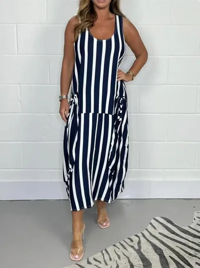 Women's Fashion Striped Sleeveless Long Dress Blue - Shop at LoveMi