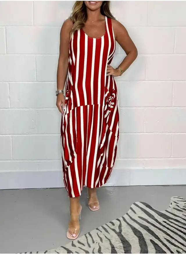 Women's Fashion Striped Sleeveless Long Dress Red - Shop at LoveMi