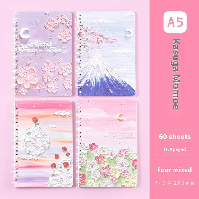 Oil Painting Landscape A5 Coil Student Cute Stationery Thickened Horizontal Line Memo Diary Notebook Spring Peach Painting - Shop at LoveMi