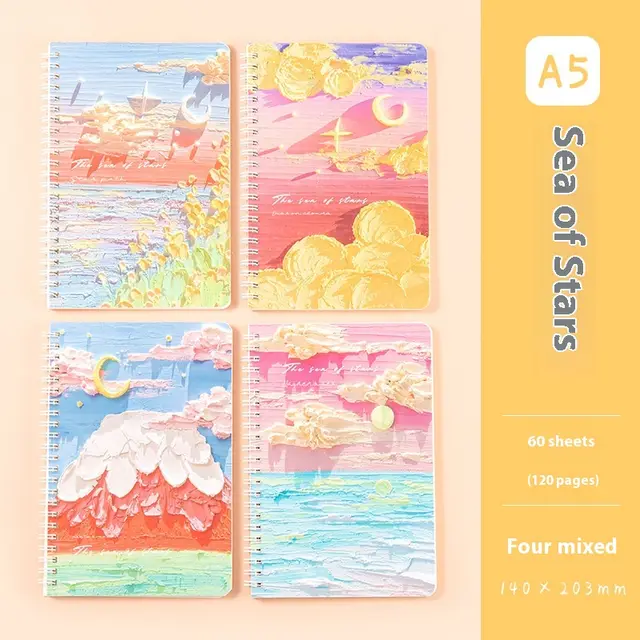 Oil Painting Landscape A5 Coil Student Cute Stationery Thickened Horizontal Line Memo Diary Notebook Star Sea Single Price - Shop at LoveMi