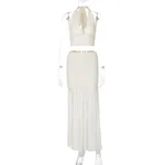 V-neck Vest Mesh Patchwork Slit Skirt Casual Two-piece Suit - Apricot
