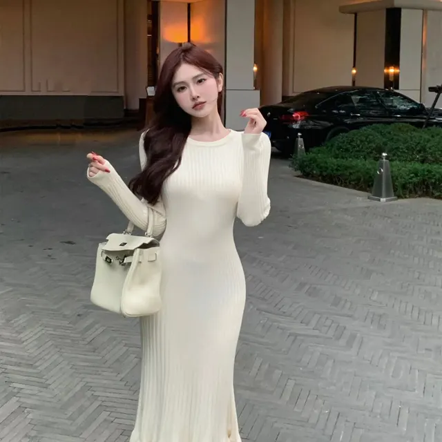 Retro Temperament Sunken Stripe Knitted Bottoming Fishtail Dress Apricot Beige - Shop at LoveMi