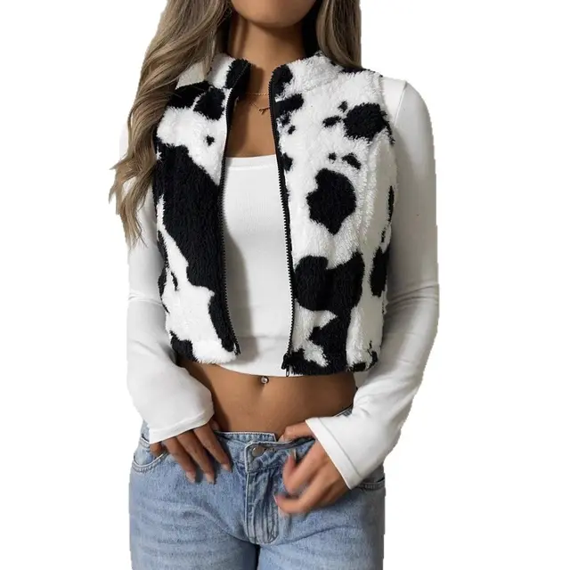 Women's Cows Pattern Zipper Vest Ins Style Furry Coat Black And White - Shop at LoveMi