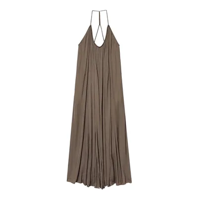 Elegant Silk Satin Texture Sling Loose Length Dress Khaki - Shop at LoveMi