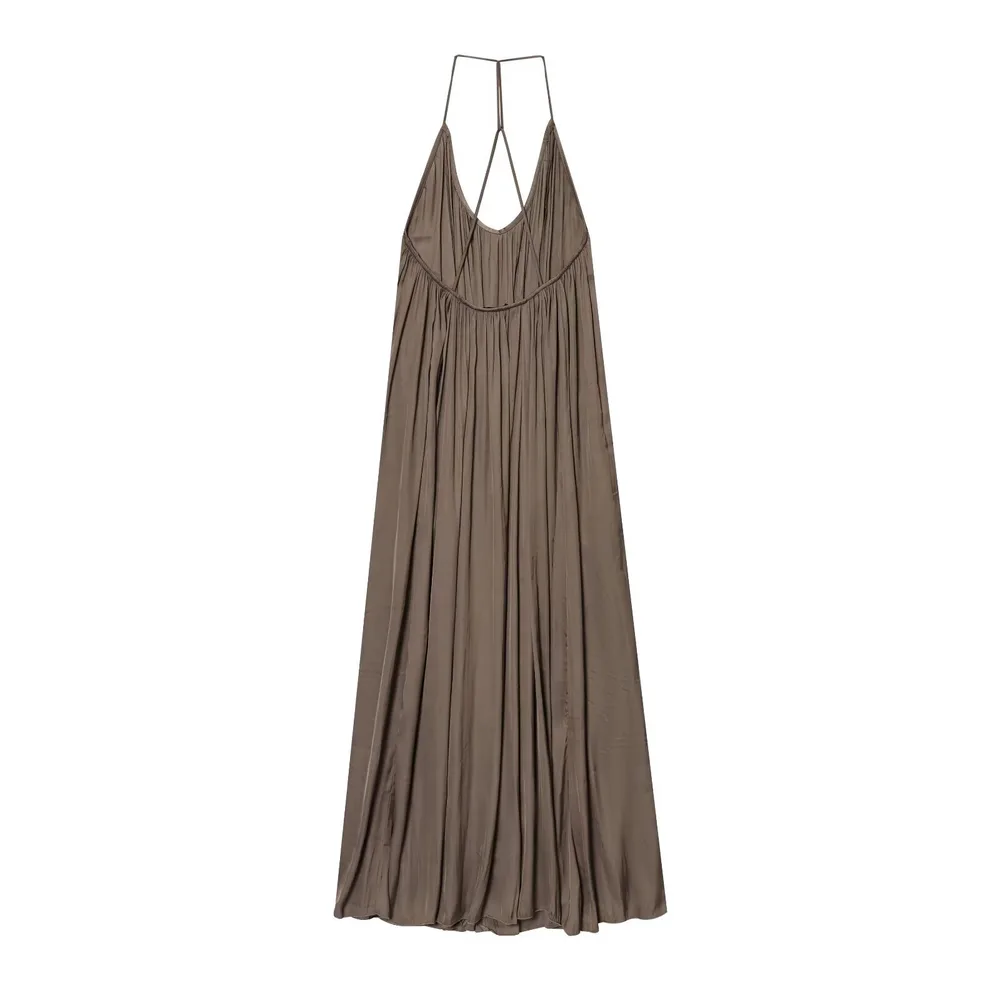 Elegant Silk Satin Texture Sling Loose Length Dress Khaki - Shop at LoveMi