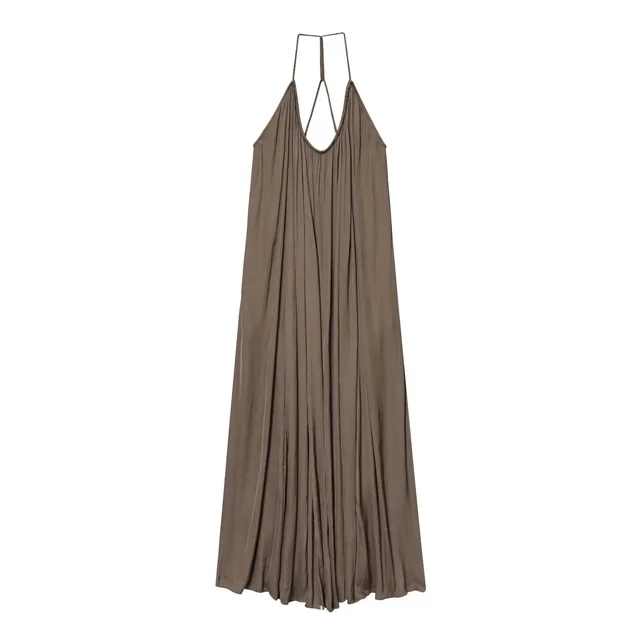 Elegant Silk Satin Texture Sling Loose Length Dress Khaki - Shop at LoveMi