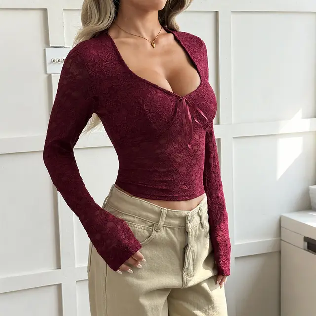 Hot Girl Lace Long sleeved T shirt Women's Top Women's Clothing Wine Red - Shop at LoveMi