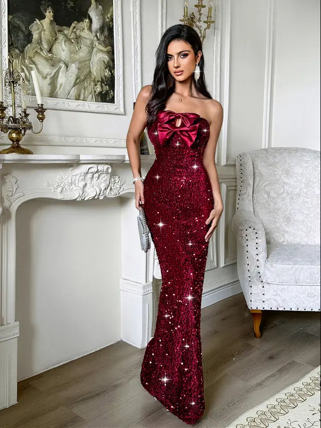 Tube Top Bow Dress Women's Clothing Wine Red - Shop at LoveMi