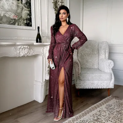 Elegant Holiday Long Sleeve Waist Dress Women's Clothing Wine Red - Shop at LoveMi