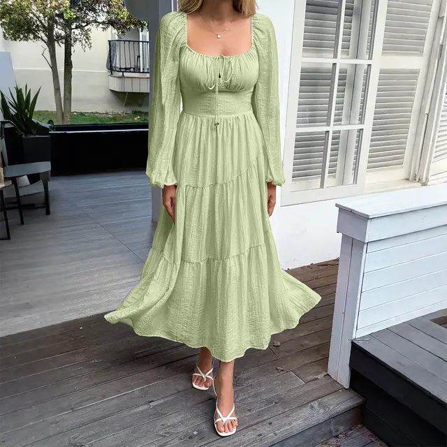 Vacation Long Sleeve Casual Dress Women's Clothing Green - Shop at LoveMi