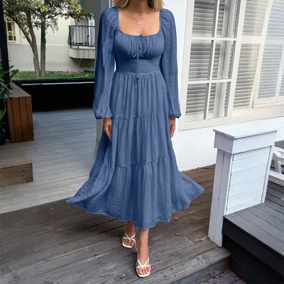 Vacation Long Sleeve Casual Dress Women's Clothing Navy Blue - Shop at LoveMi