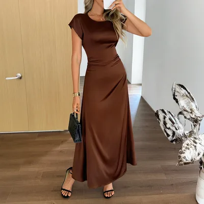 Elegant Short Sleeve Solid Color Dress Women's Clothing Brown - Shop at LoveMi