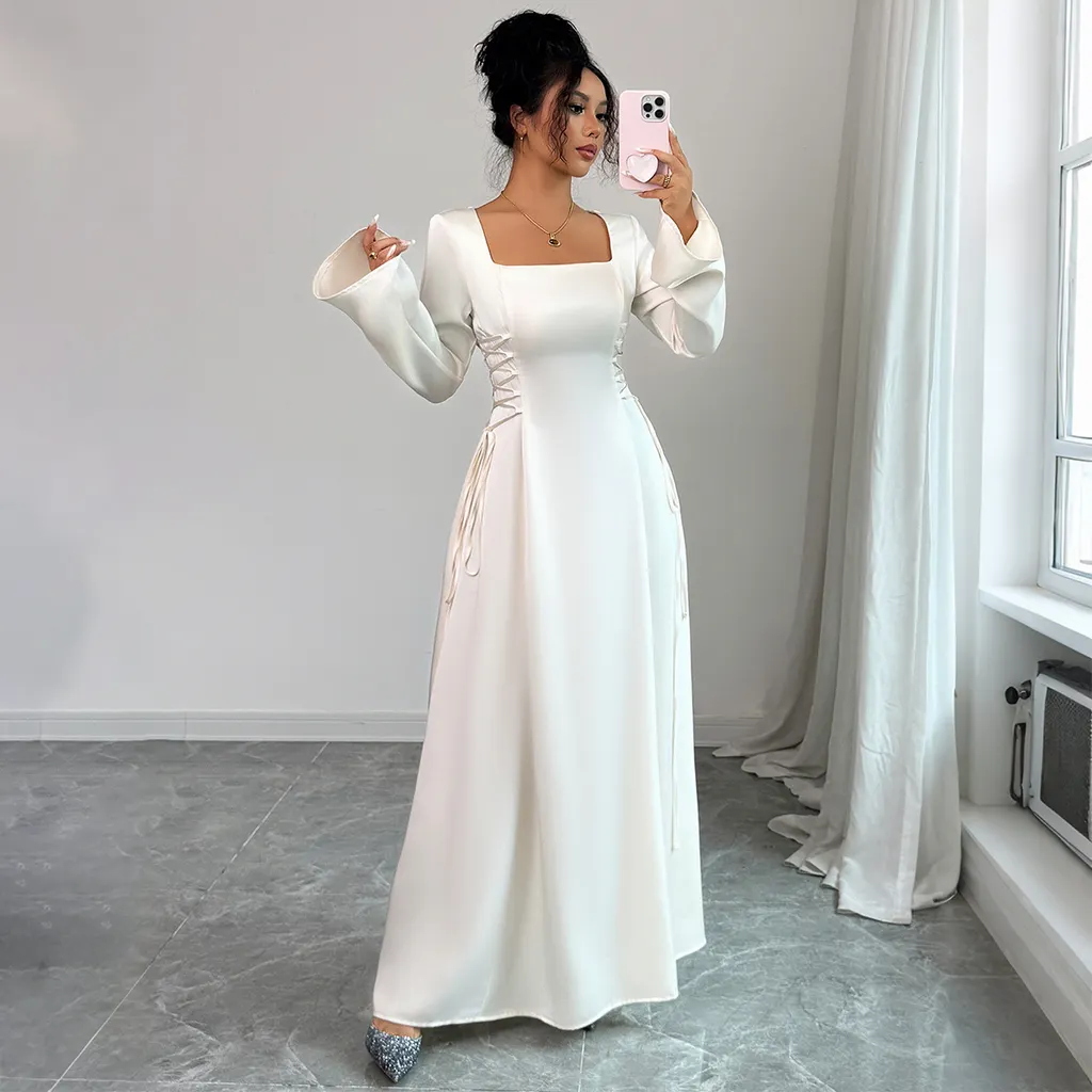Advanced Solid Color Long Sleeve Dress Women's Clothing - Apricot