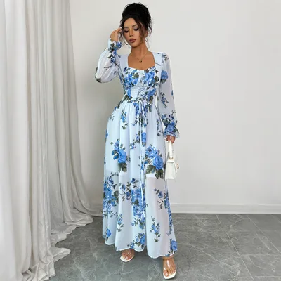 Printed Fungus Long Sleeve Dress Women's Clothing Blue - Shop at LoveMi
