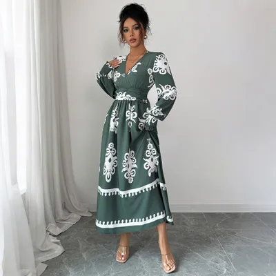 Elegant Style Printed Long Sleeve Dress Women's Clothing Army Green - Shop at LoveMi