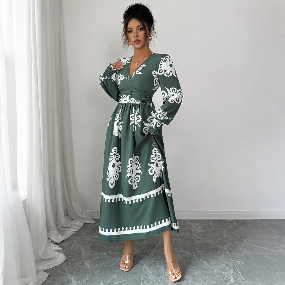 Elegant Style Printed Long Sleeve Dress Women's Clothing - Army Green