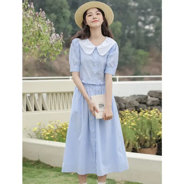 Blue Stripe College Style Skirt Design Two piece Set Blue Top Skirt - Shop at LoveMi