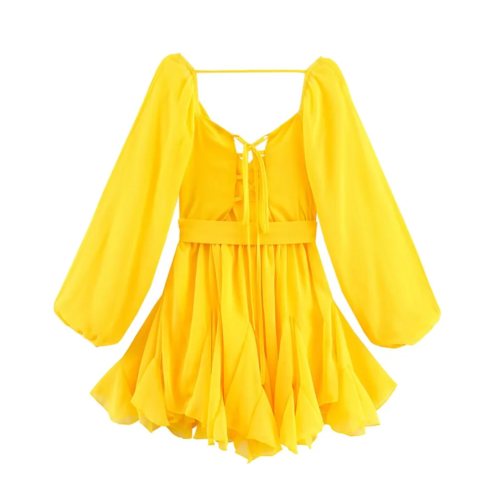 Hem Sexy Hollow Long-sleeved Dress - Yellow - View 1