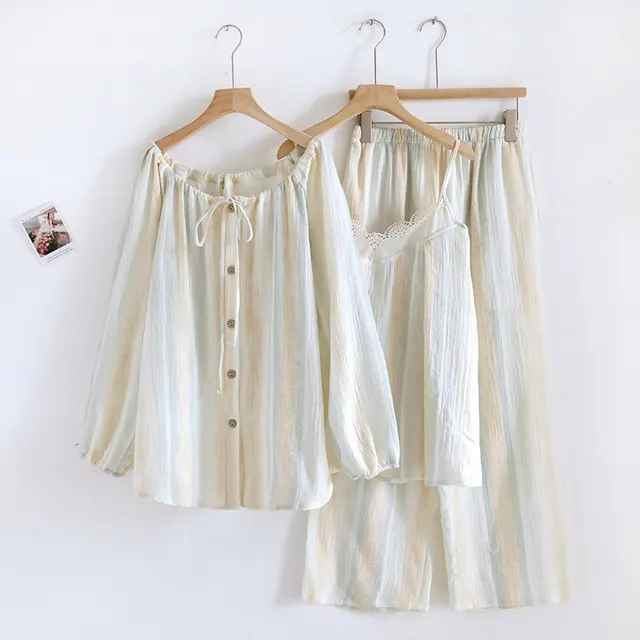 Cotton Crepe Three piece Pajamas Women's Long sleeved Cardigan Strap Lace Magic Color - Shop at LoveMi