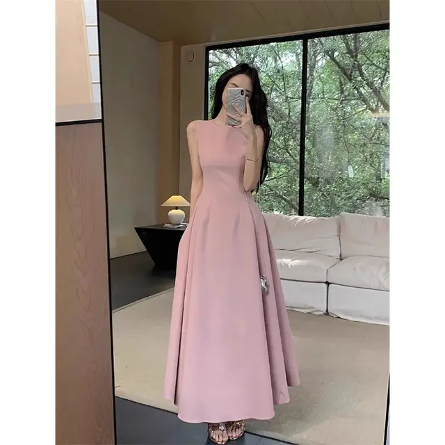 French Style Elegant Sleeveless Vest Waist Slimming Dress Pink - Shop at LoveMi