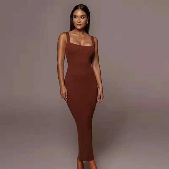 Women's New Color Casual Thread U Neck Vest Long Solid Color Dress Brown - Shop at LoveMi