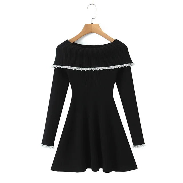 French Sexy Off neck Lace Trim Knitted Slim fit Sheath Dress Black - Shop at LoveMi