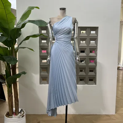 One shoulder Pleated Hollowed out Midriff Outfit Irregular Skirt For Women Dress Light Blue - Shop at LoveMi